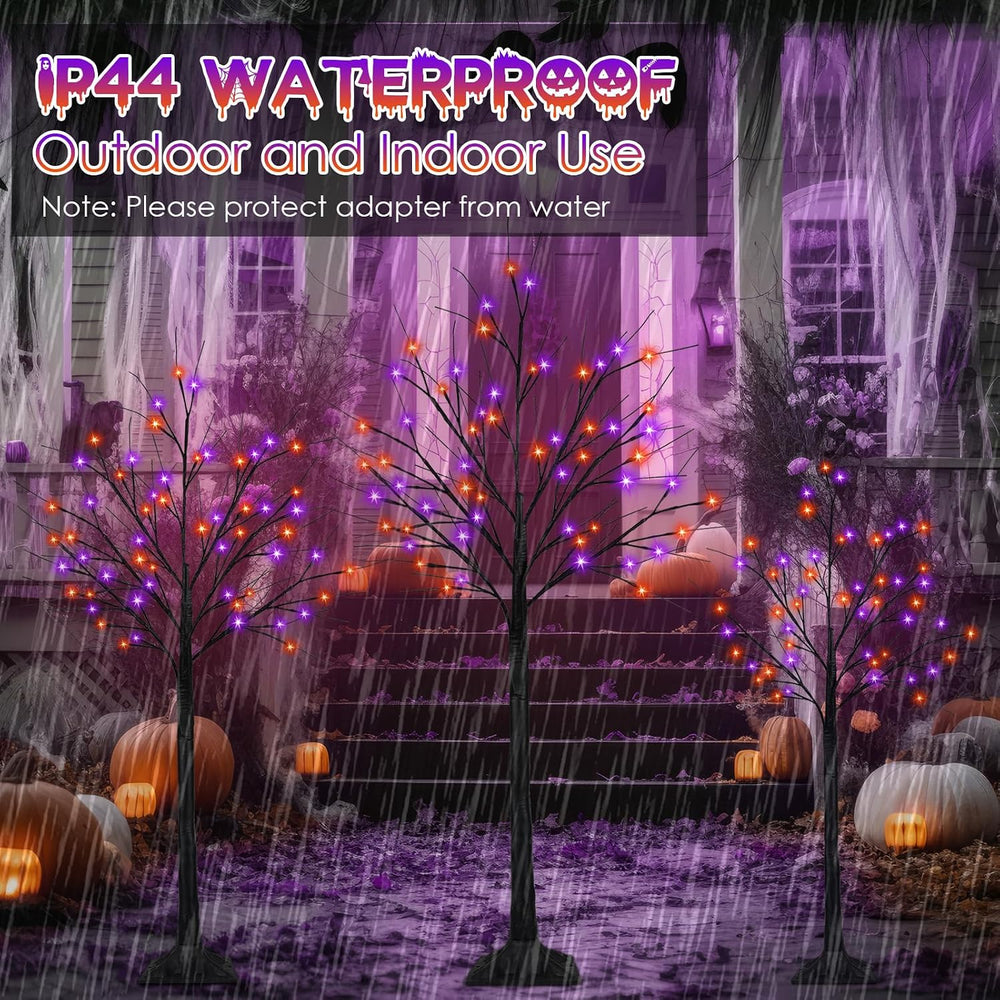 Set of 3, 4ft 5ft 6ft Lighted Black Halloween Tree with Orange Purple Light