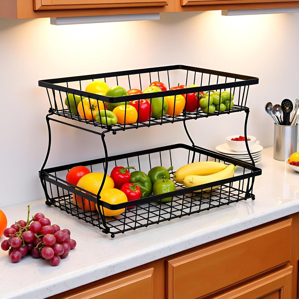 HOSY 2-Tier Metal Fruit Basket, 17-in Rectangle Black Standing Storage Rack