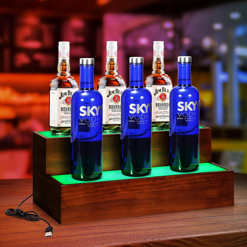 2 Pack LED Liquor Bottle Display Shelf , 2 Tier Real Wood Bar Shelves for Liq...
