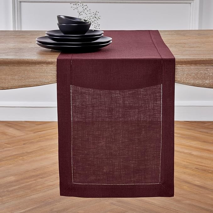 Solino Home Linen Burgundy Table Runner 72 Inches Long - 100% Pure Linen Hems...
