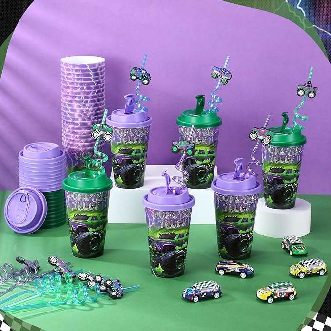Yungyan 36 Sets Green Purple Monster Truck Party Favors Goodie Cups with Lids...