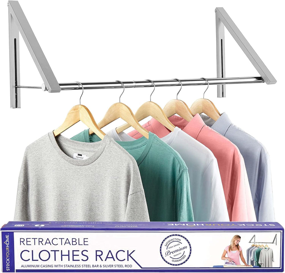 Double Foldable Clothing Rack w/ Extension Rod, Wall-Mounted Retractable Clot...