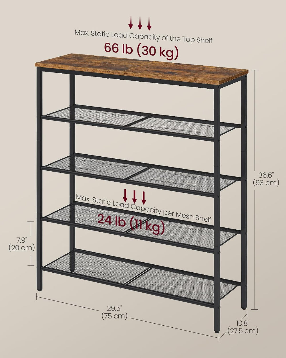 VASAGLE 5-Tier Shoe Rack, 18-24 Pairs, Metal Mesh
