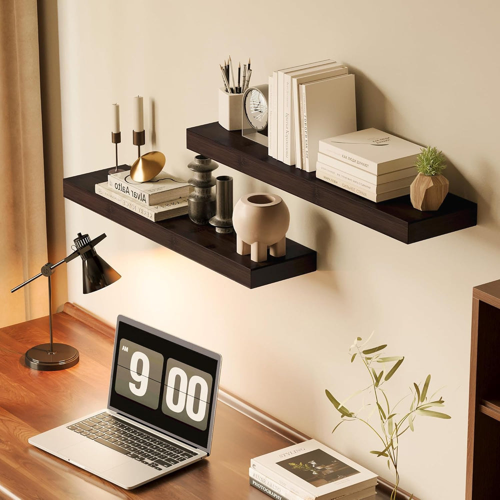 BAMEOS Solid Bamboo Floating Shelves, Set of 2 with Invisible Brackets, Natur...