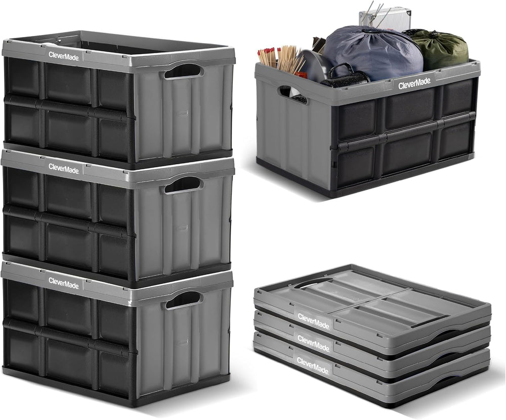 CleverMade Collapsible Storage Bins, 62L 3 Pack, 100 lb Stackable, Stone