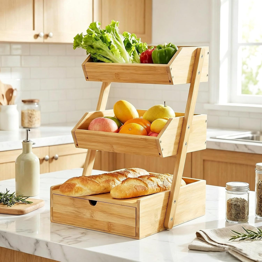 SALENT 3 Tier Bamboo Kitchen Counter Basket Organizer with Pull Out Drawers