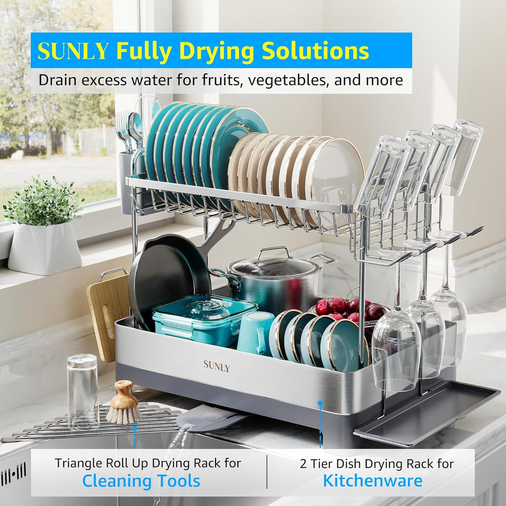 SUNLY Large Dish Drying Rack, Multipurpose 2 Tier Dish Racks for Kitchen Coun...