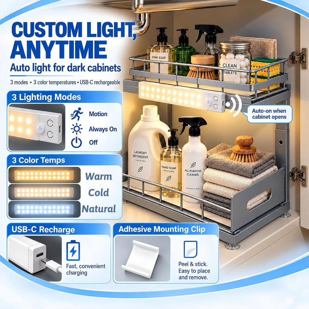 Under Sink Organizer with Motion Sensor LED, Pull-Out Home Organizers