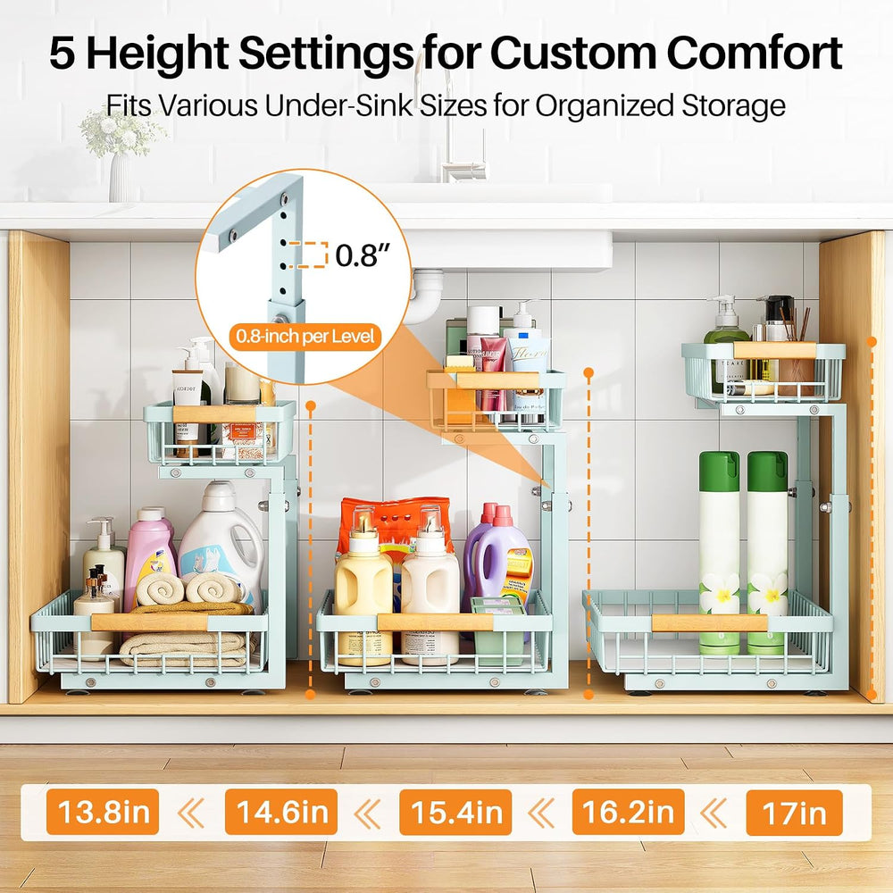 PXRACK Under Sink Organizer, Adjustable Height, 2 Tier Pull Out Under Cabinet...