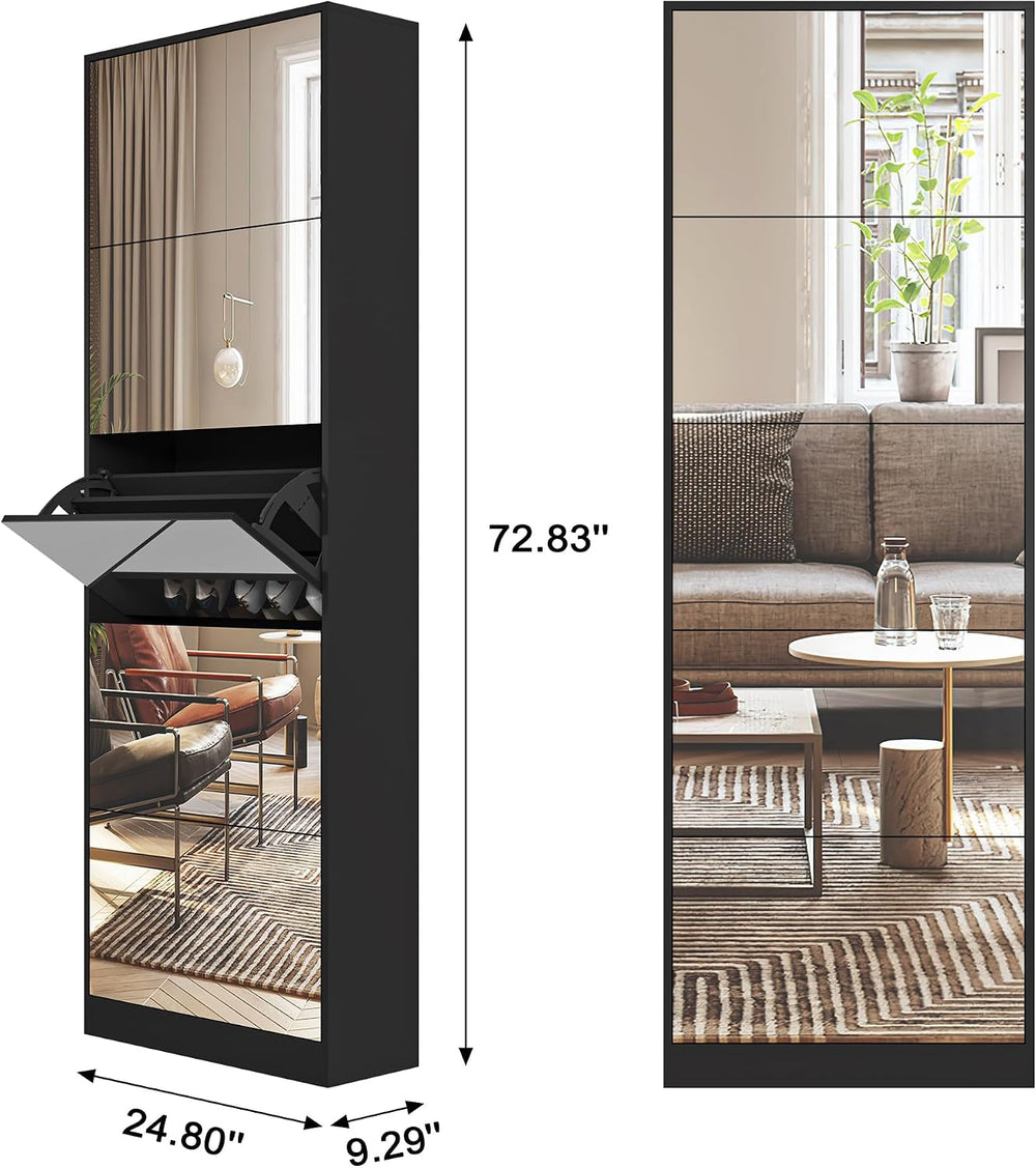 Mirrored Shoe Storage Cabinet with 5 Flip Drawers, 30 Pairs
