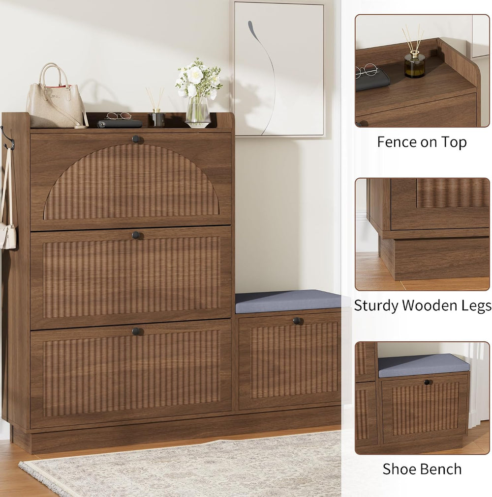 Shoe Cabinet with Bench, 4‑Flip Drawer Fluted Shoe Storage Cabinet with Remov...