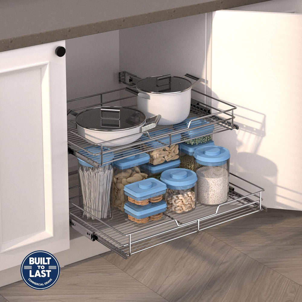 JOWBOOW 2-Tier Pull Out Cabinet Organizer, 26" W x 22" D, Chrome