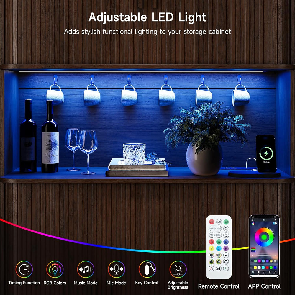71" Fluted Kitchen Pantry Cabinet Sliding Door, LED Light/Outlet