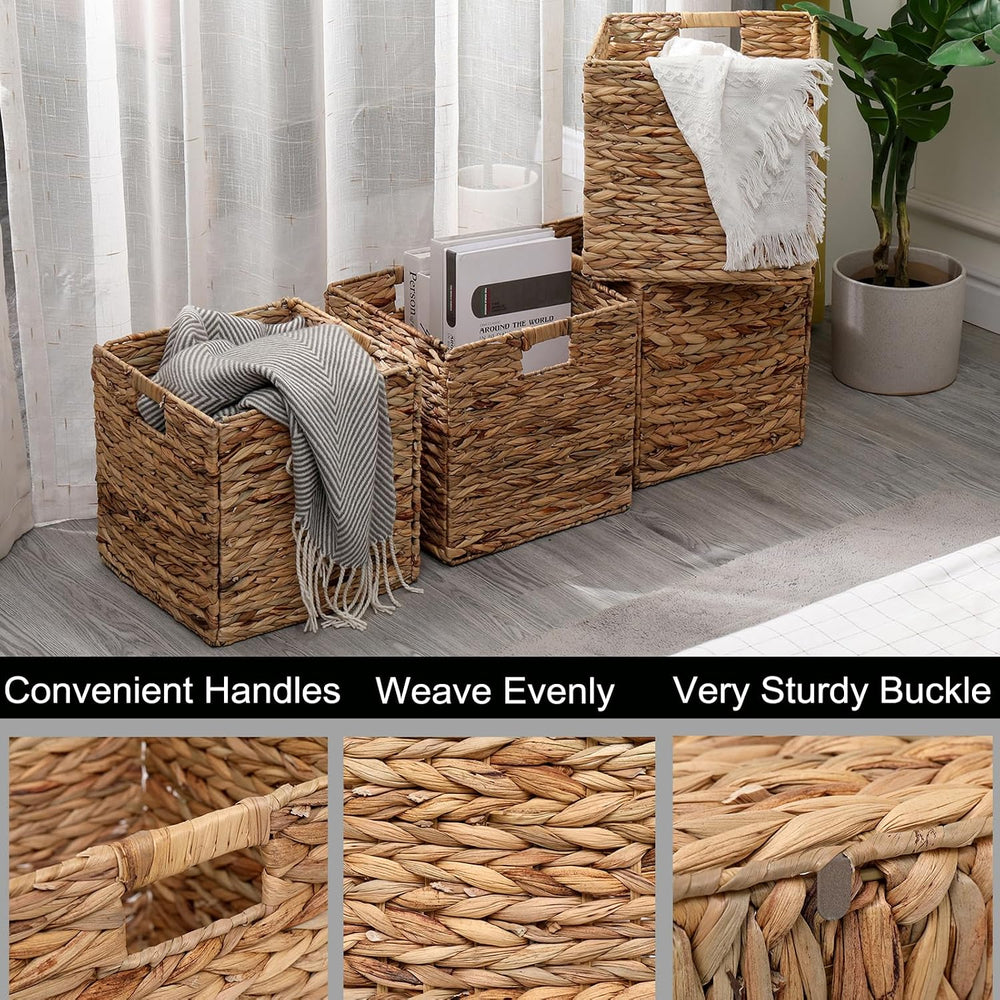 12x12in Storage Baskets 4 Pcs Water Hyacinth Basket,Foldable Storage Cubes