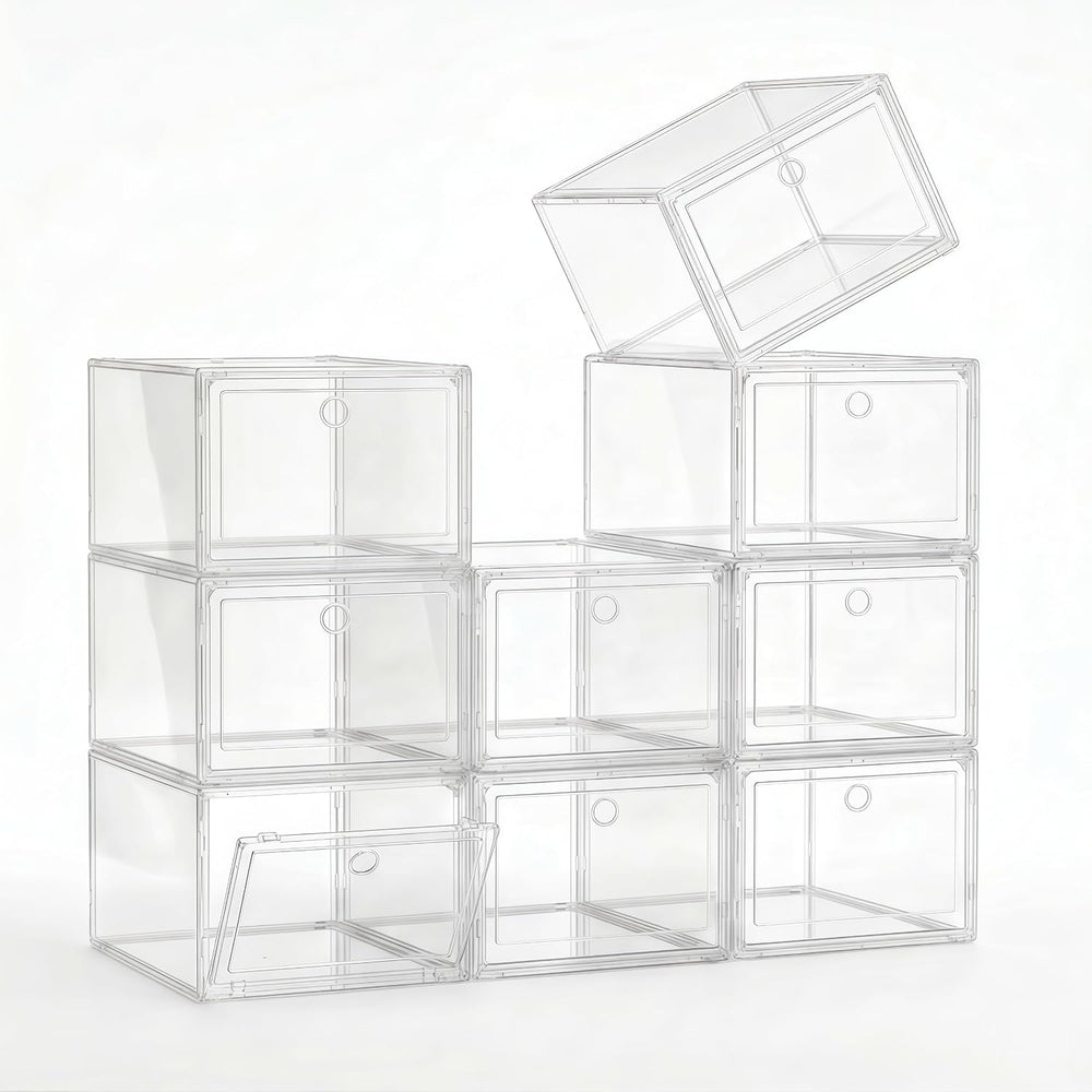 Clear Shoe Storage Boxes 9 Pack, Stackable Bins with Magnetic Doors