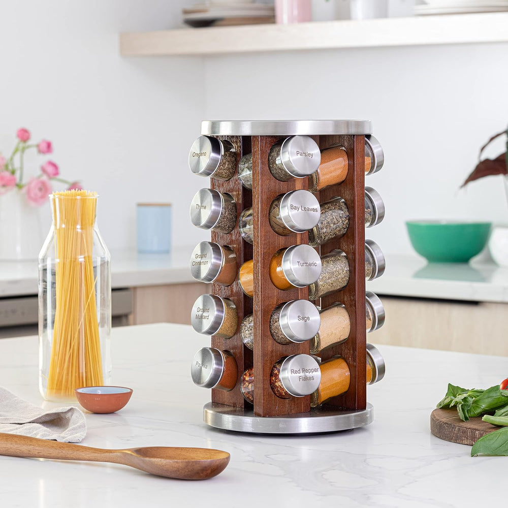 Orii 20 Jar Rotating Dark Acacia Wood Spice Rack with Spices Included & 5...