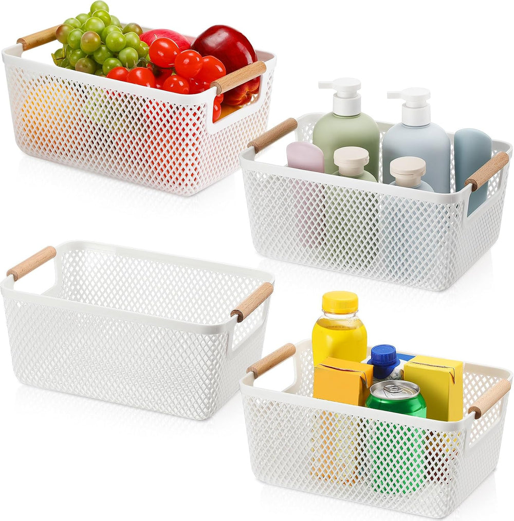 Tioncy 4 Pcs White Mesh Baskets with Wooden Handles Plastic Storage Organizer...