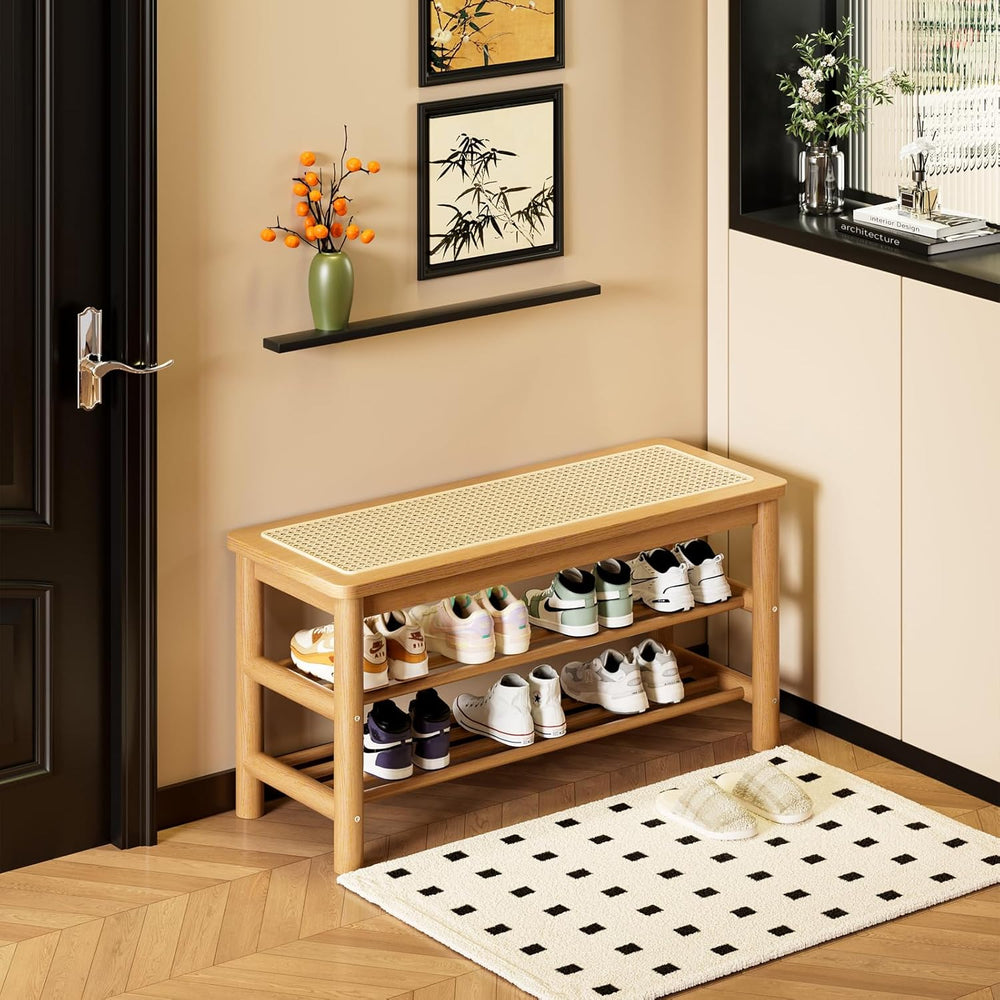 SOBIBO Bamboo Shoe Rack Bench with Rattan Seat, 3-Tier Shoe Storage Bench, En...