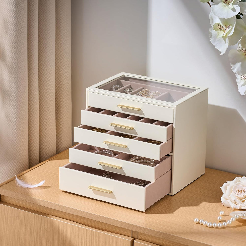 Jewelry Box Organizer Storage Case, 5-Layer with Glass Window, White