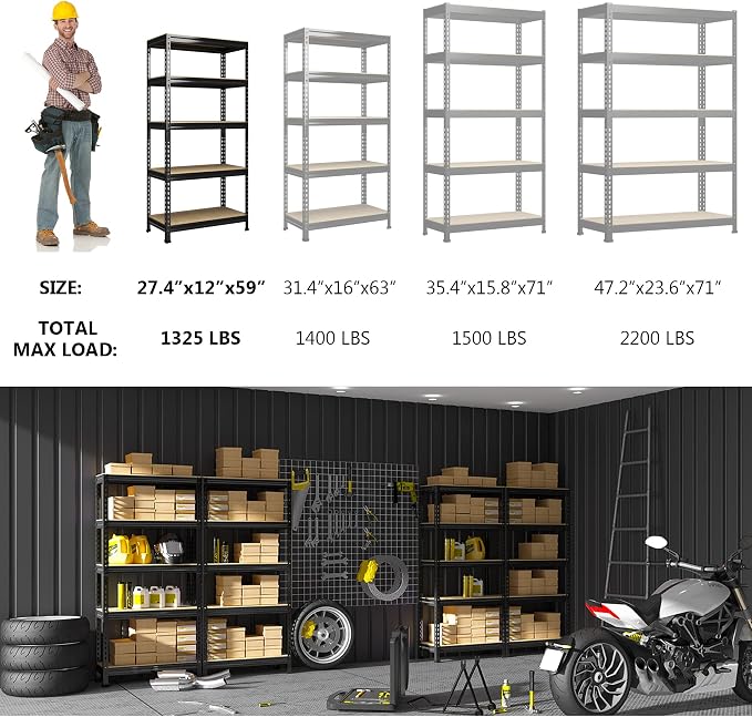PrimeZone Storage Shelves 5 Tier Adjustable Garage Storage Shelving, Heavy Duty