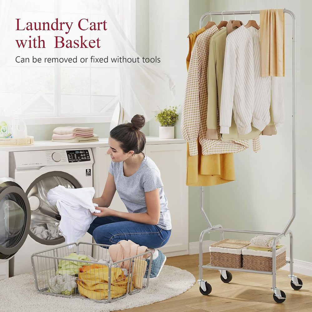 Tajsoon Rolling Laundry Cart with Hanging Rack & Laundry Basket, Silver