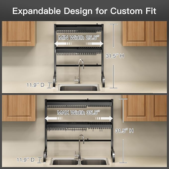 3 Tier Extra Large Stainless Steel Expandable Over The Sink Dish Drainer Drying