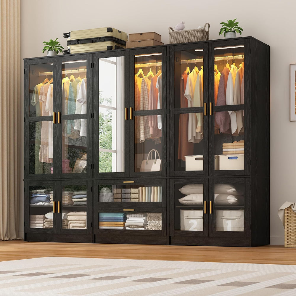 6 Doors Armoire Wardrobe Closet with LED and Mirror,71" H Freestanding W...