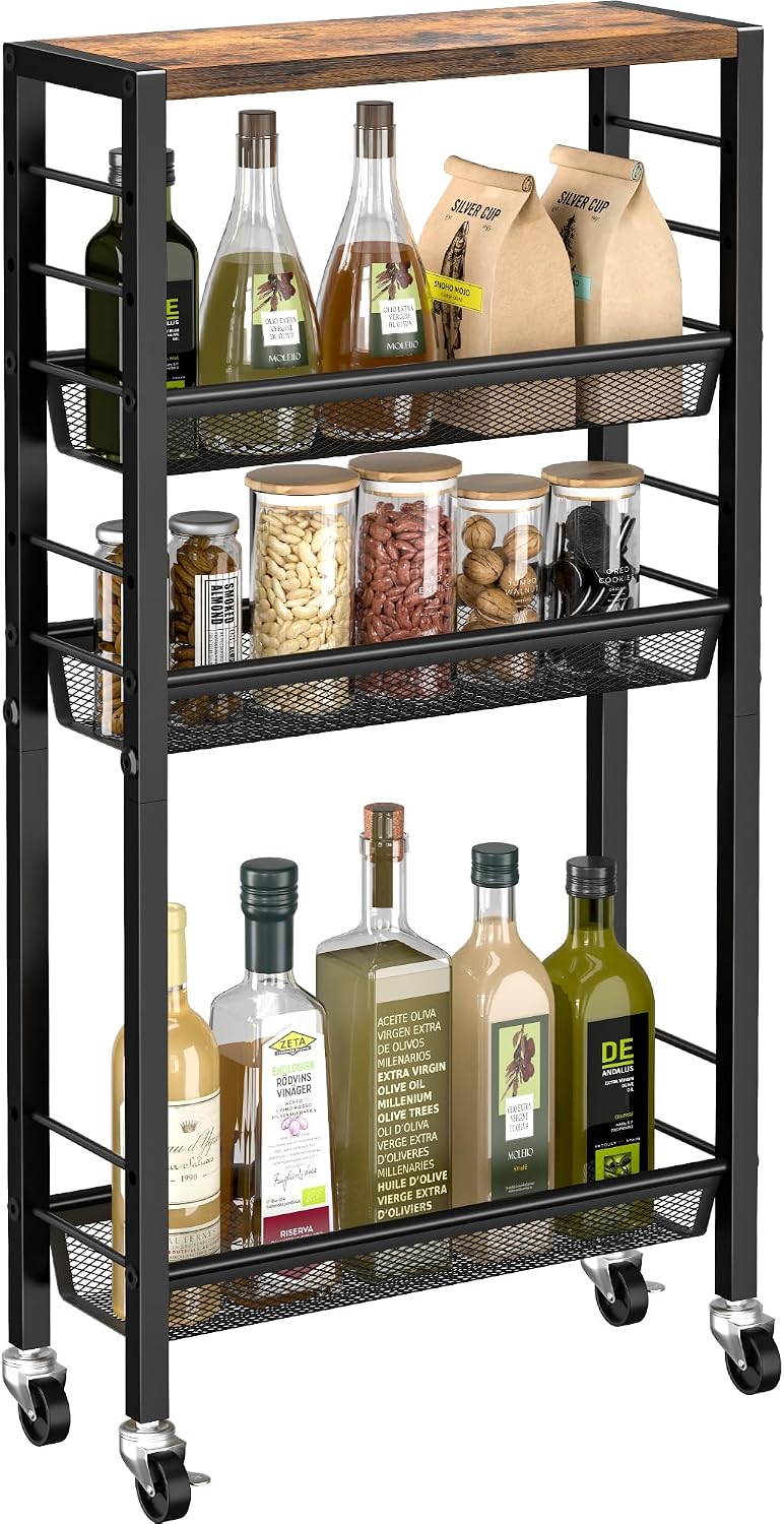 Slim Rolling Cart, 4-Tier Narrow Kitchen Storage Cart, Slim Utility Cart on W...