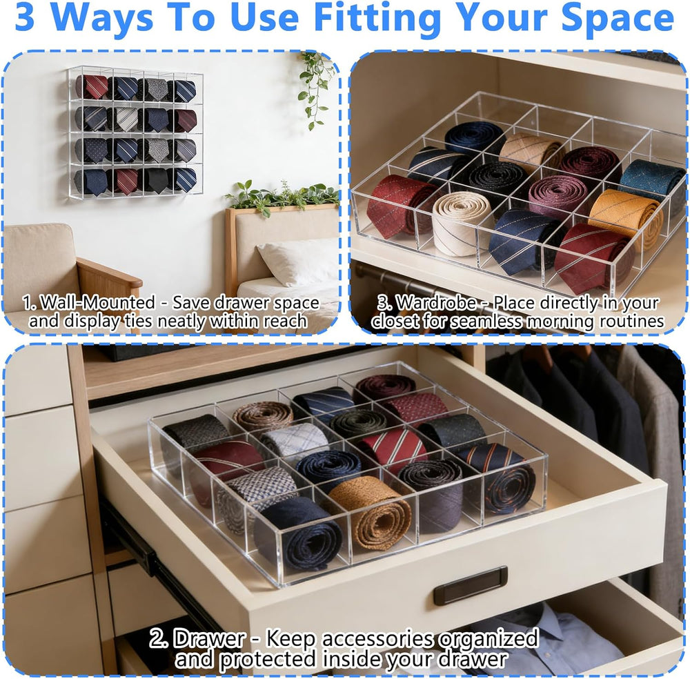 2 Pack Tie Box Organizer Wall Mounted Tie Rack Clear Acrylic with 16 Compartm...