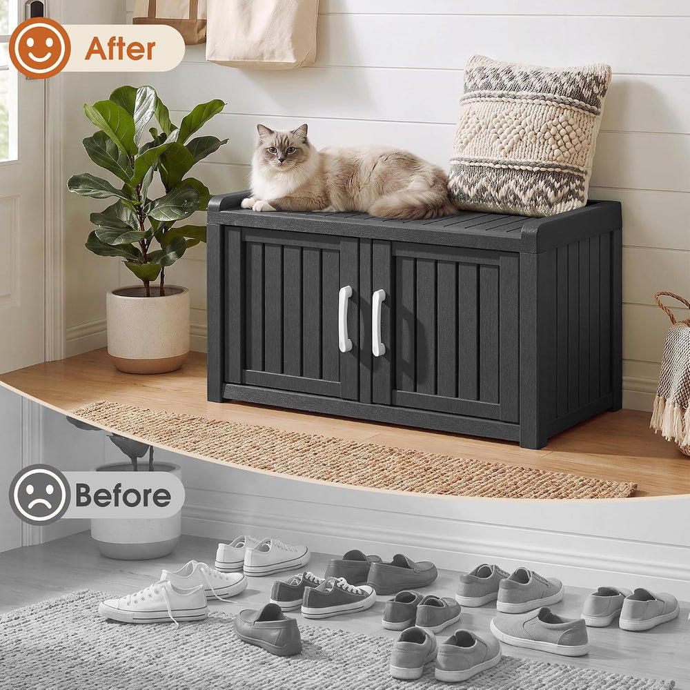 2-Tier Storage Bench, Waterproof UV-Resistant Outdoor Shoe Storage Cabinet wi...