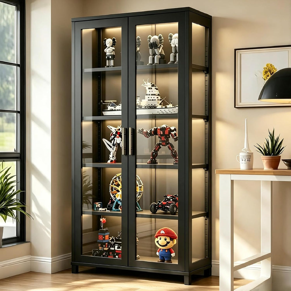 Display Cabinet with Glass Doors, 5-Tier Curio Cabinet, Glass Display Case fo...