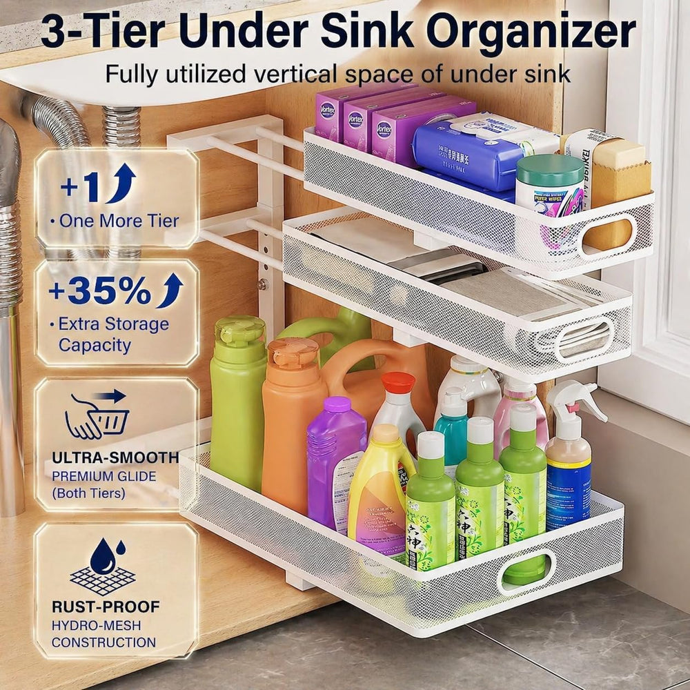 Under Sink Organizer, 2 Pack 3 Tier Sliding Cabinet Organizer, Pull Out Stora...