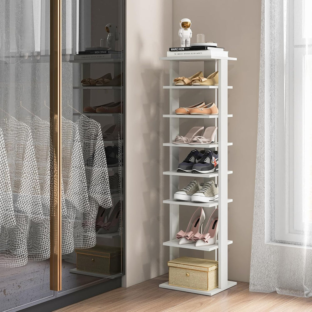 BETTARY 8 Tier Vertical Shoe Rack, Narrow Wooden Corner Shoe Organizer for Sm...