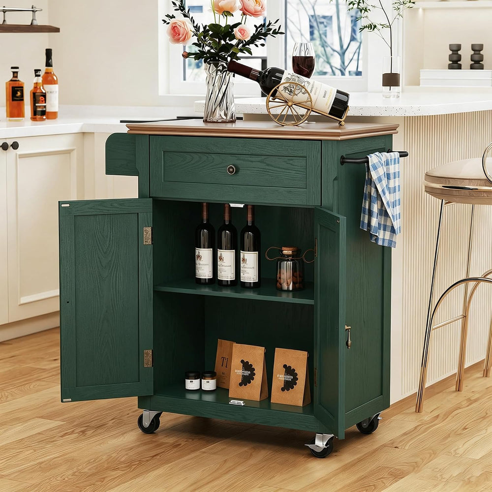 26'' Small Kitchen Island, Vintage Wood Kitchen Cart on Wheels, Green