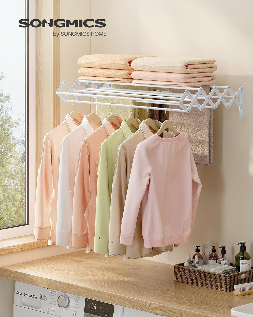 SONGMICS Clothes Drying Rack, Wall-Mounted, 9 Staggered Hanging Rods