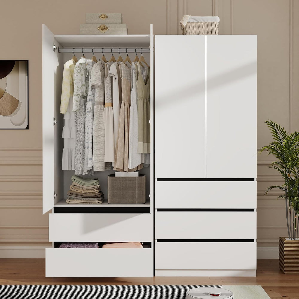 White Armoire Wardrobe Closet with 6 Drawers, 75" Tall x 95" Wide