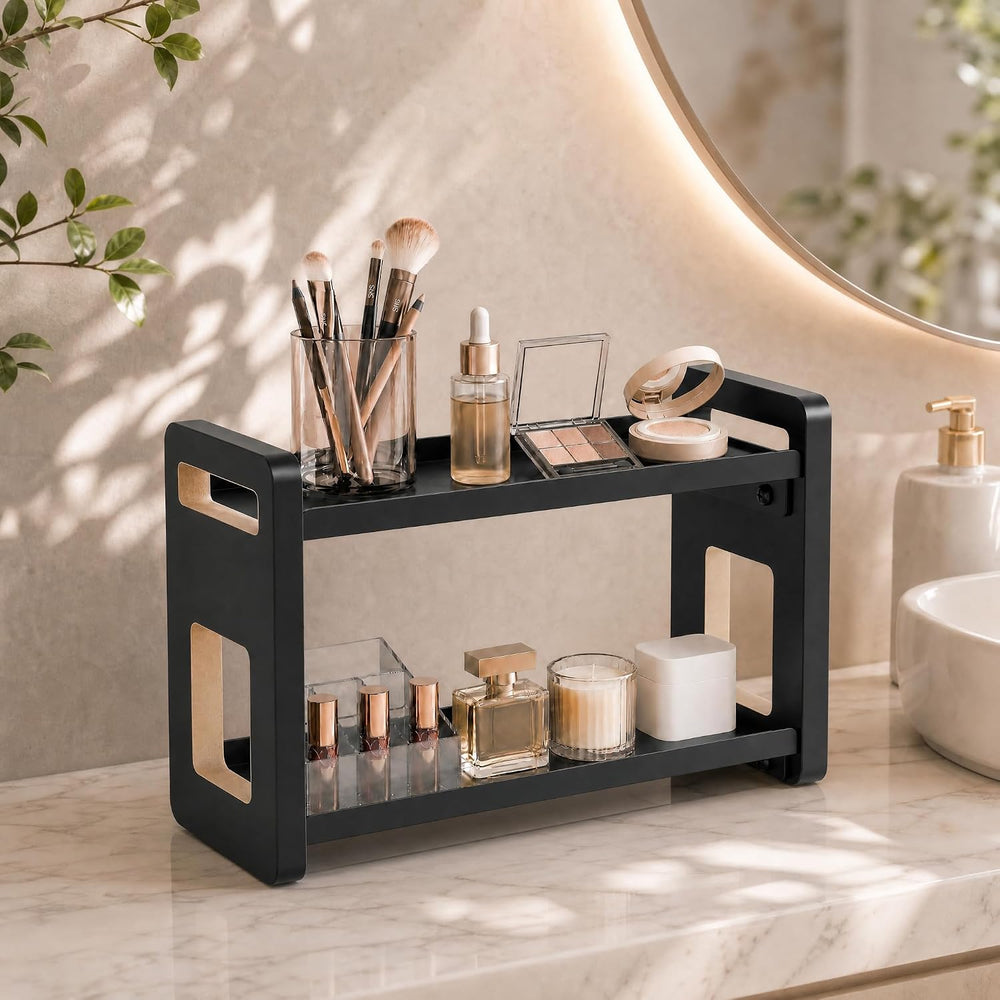 Narrow Solid Wood Bathroom Counter Organizer, Space-Saving Bathroom Storage R...