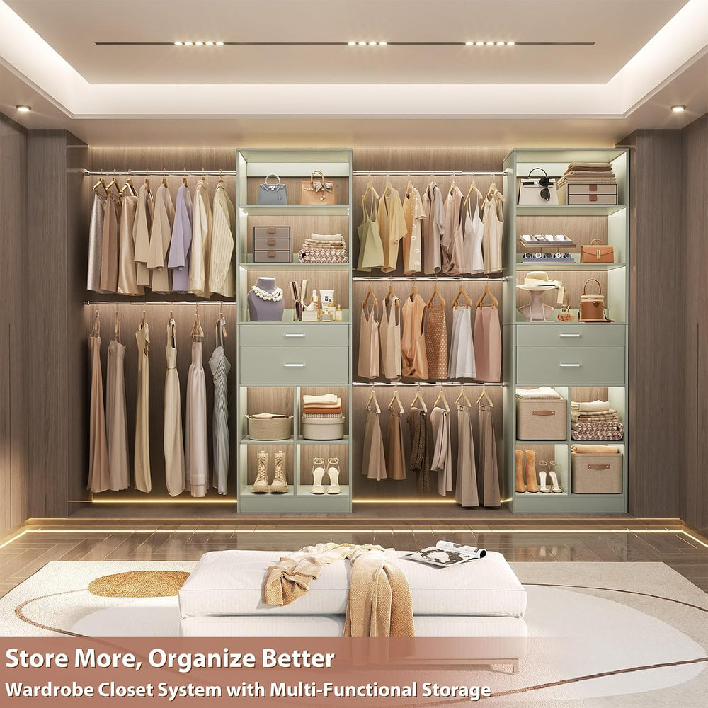 Besiost Closet System, 7.4ft-10ft with 4 Wooden Drawers and 5 Hanging Rods, C...