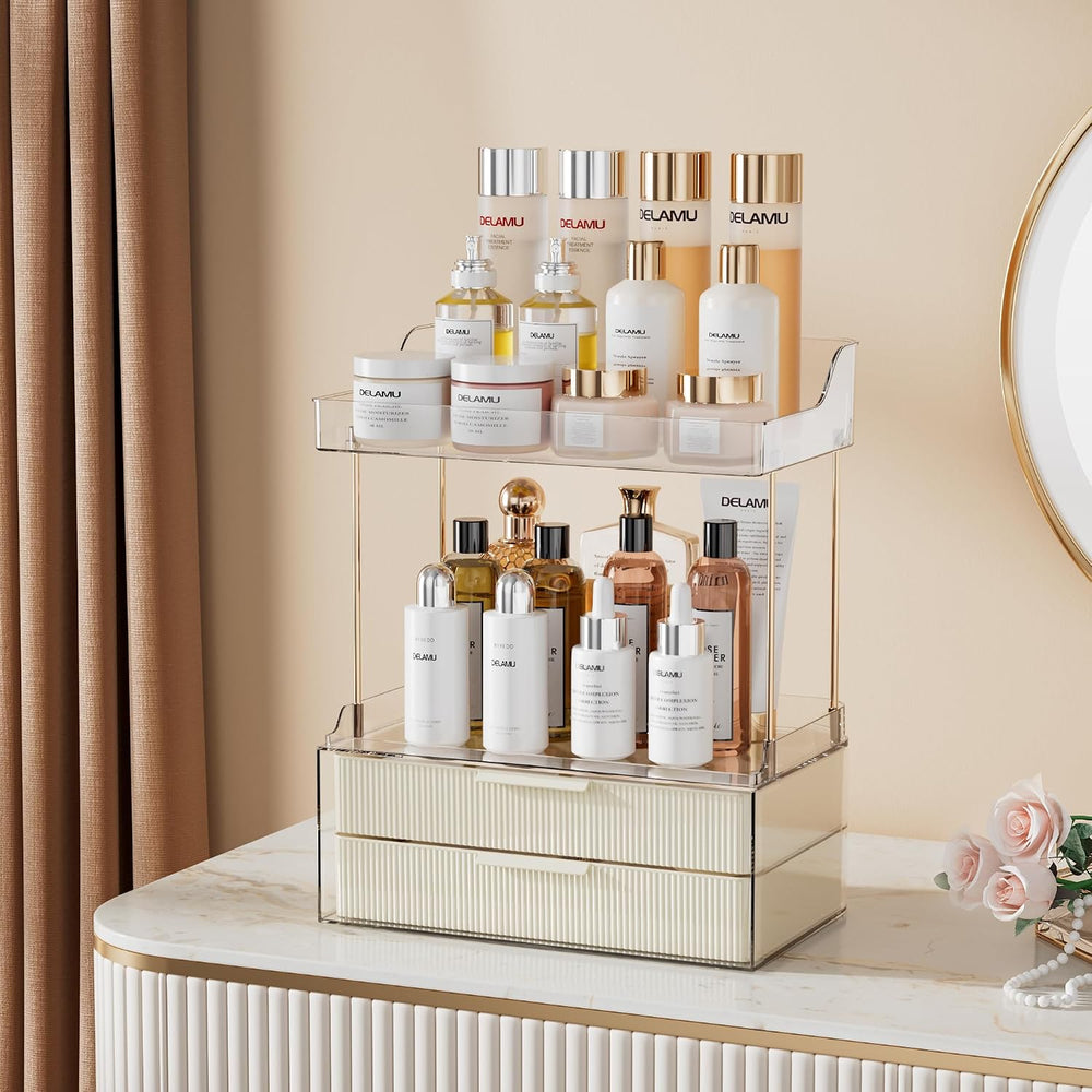 Delamu 4-Tier Makeup Organizer, Bathroom Counter, 2 Drawers,Cream White