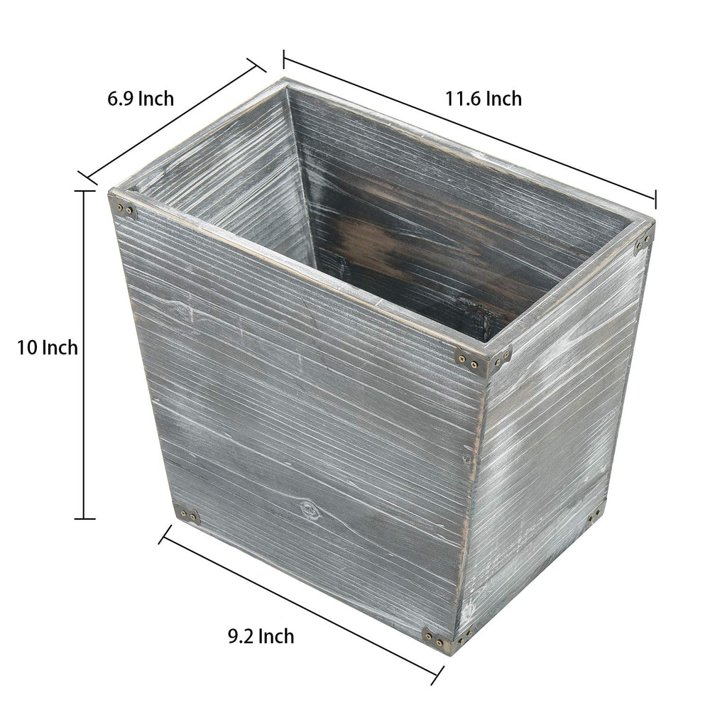 Grey Farmhouse Style Torched Wood Trash Can Waste Bin with Decorative Metal B...