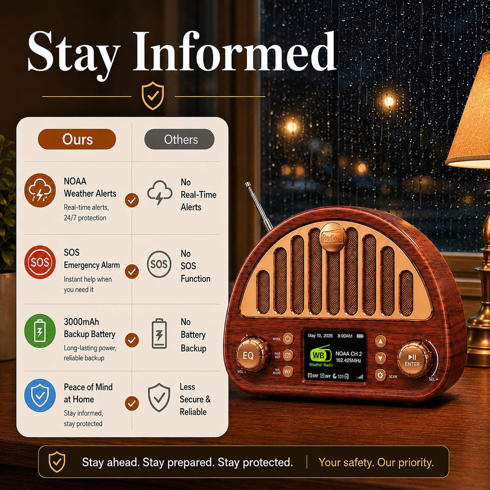 Retro Alarm Clock Radio with Bluetooth, Dual Alarms and NOAA Weather Alert