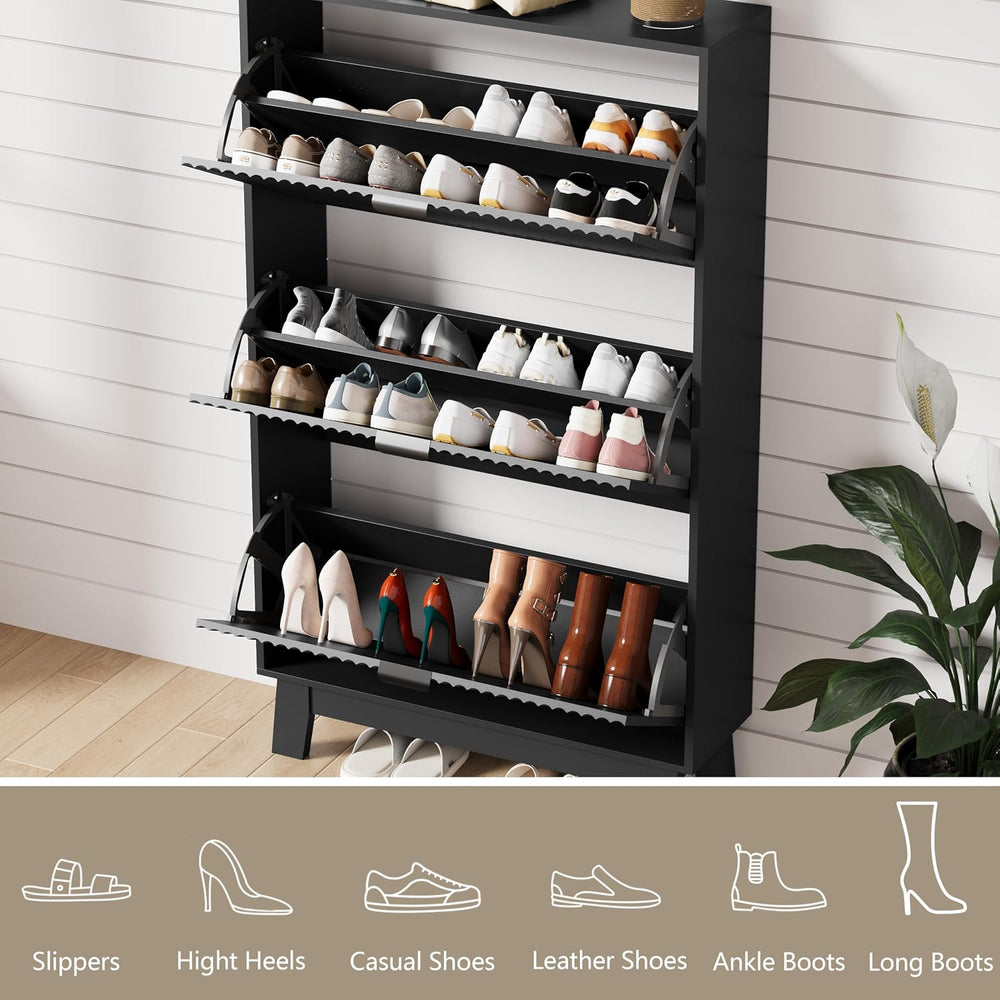 Shoe Cabinet Storage for Entryway with 3 Flip Drawers, Fluted Narrow Shoe Org...