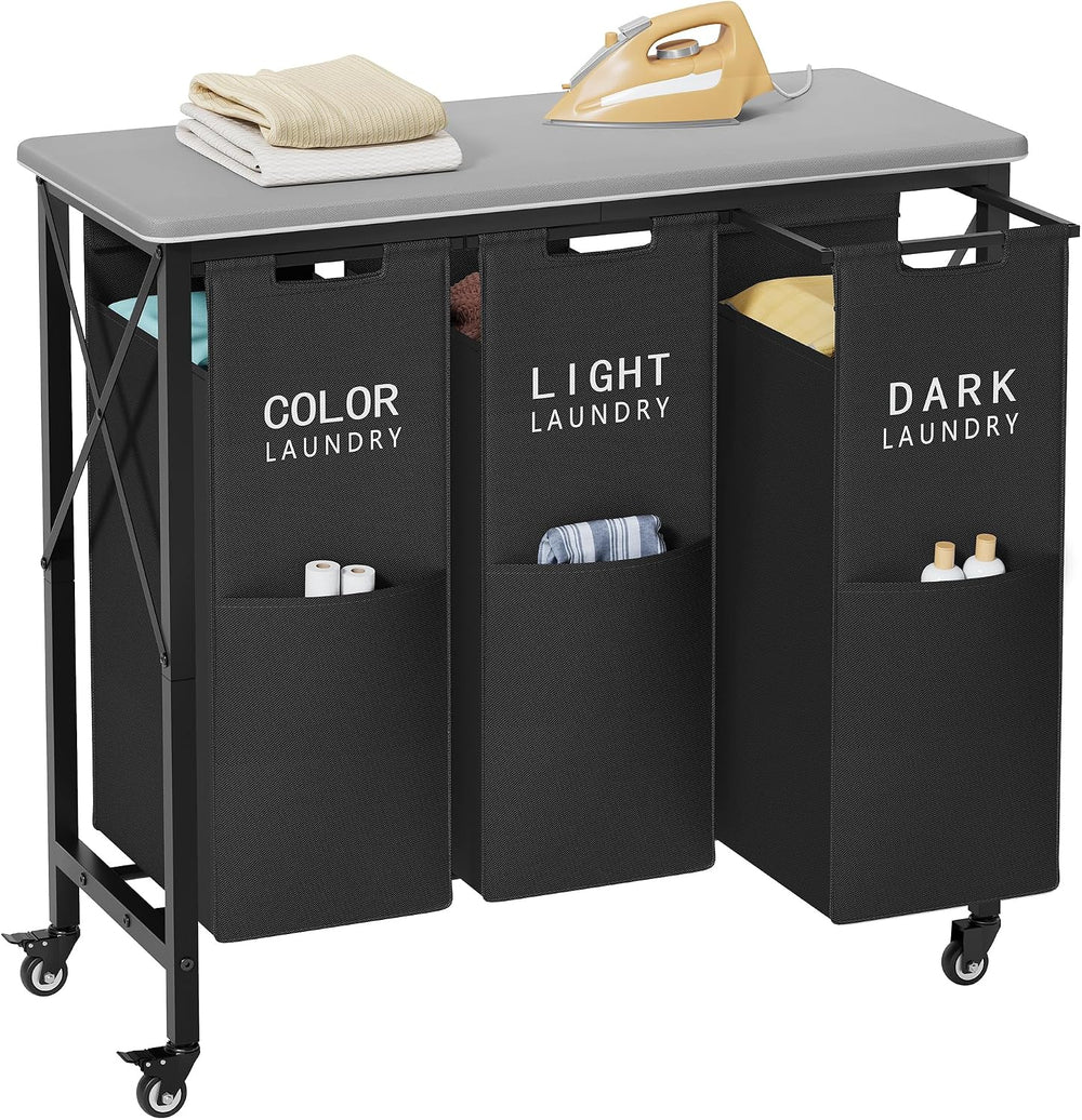 3 Section Laundry Sorter with Ironing Board, Black