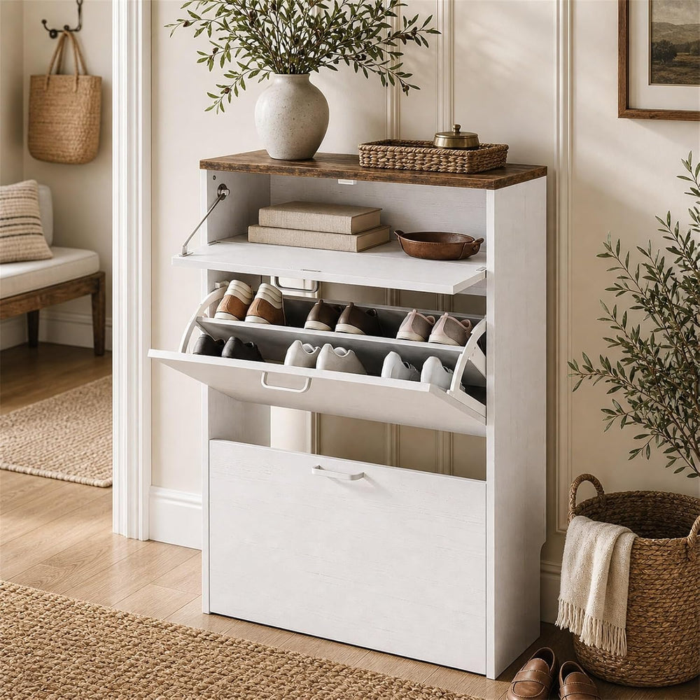 VINGLI Shoe Cabinet Storage for Entryway,Rustic White Narrow Shoe Rack,25"W