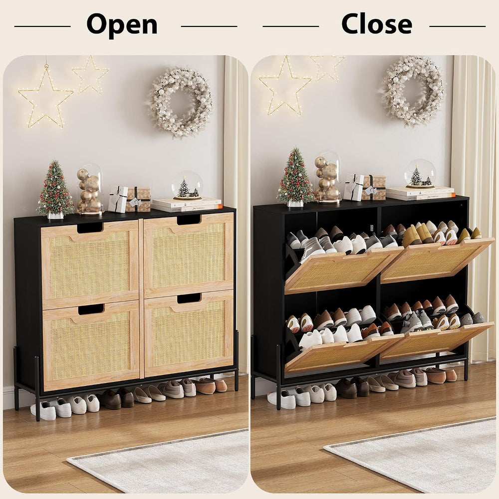 IDEALHOUSE Natural Rattan 4 Flip Door Shoe Cabinet Organizer Freestanding, Mo...
