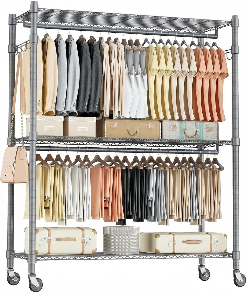 Homdox Rolling Clothes Rack Heavy Duty, 3-Tier Adjustable Wire Shelving Garme...