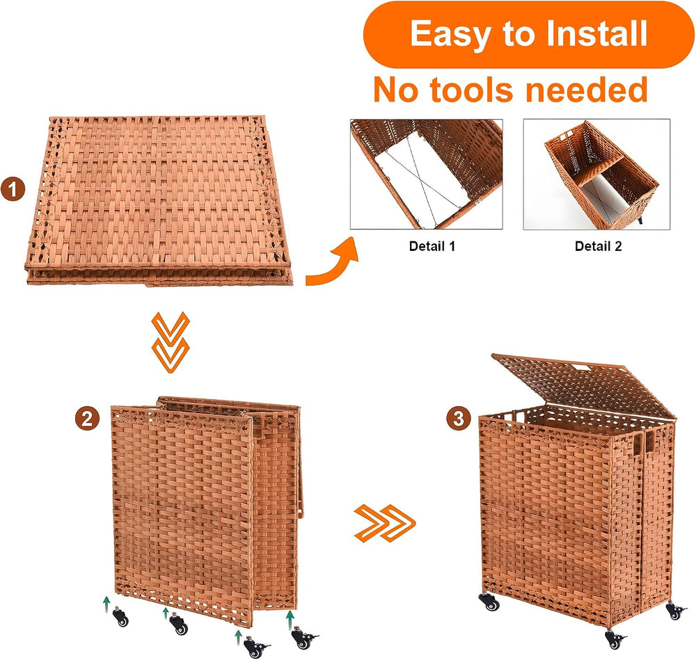 HYCHIKA Laundry Hamper with Lid and Wheels, 42.26 Gallon (160 L) Wicker Laund...