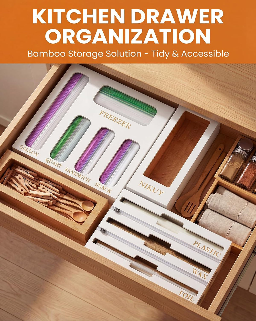 Bamboo Foil and Plastic Wrap Organizer for Kitchen Drawer, 9 in 1 Plastic Bag...