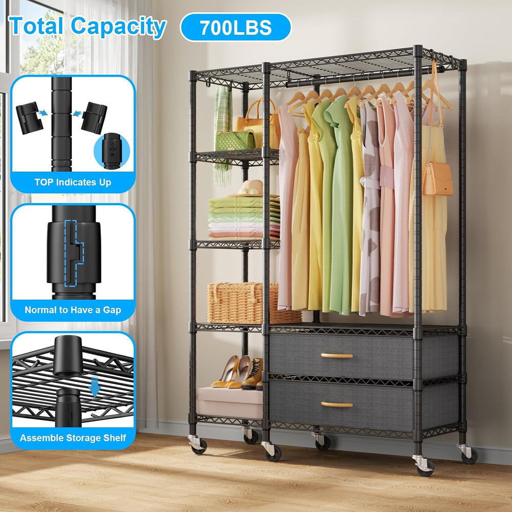 Ulif F3R Heavy Duty Clothes Rack（With Lockable Wheels）Freestanding Clothing R...