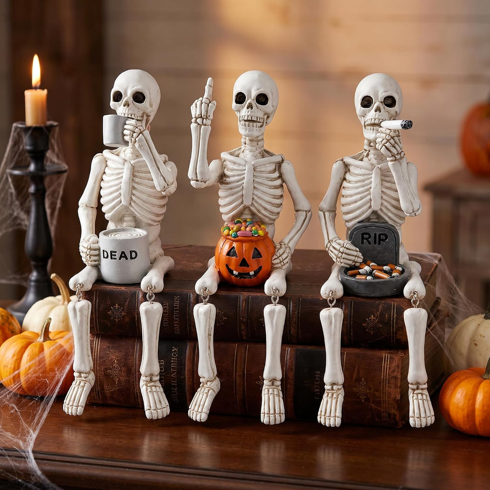 Halloween Skeleton Statues, Set of 3 Funny Skeleton Shelf Sitters